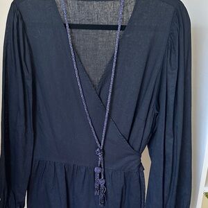 Black Beaded Lariat Necklace with Knotted Detail and Spherical Tassels